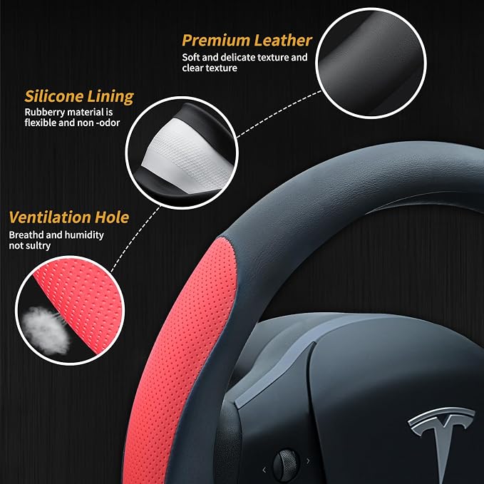 Uxcer Nappa Leather Steering Wheel Cover Compatible with Tesla Model 3/Y 2016-2025 2026 Juniper/Highland, Non-Slip Breathable Model 3/Y Steering Wheel Protector, Red - Image 5