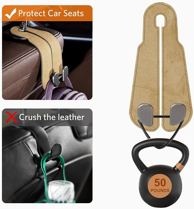 CoBak Purse Hook for Car - Universal Premium Stitched Leather and Aluminum-Magnesium Alloy Double Car Seat Back Storage Hook for Purses, Handbags, Bags (2 Pack),Linen - Image 5