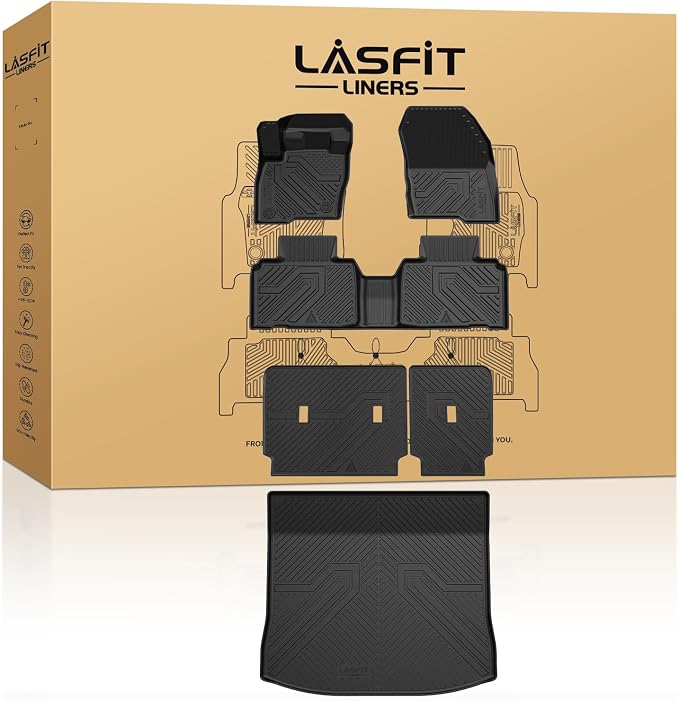 LASFIT Floor Mats for Ford Edge 2015-2024 2Row&Cargo&Seatback | All Weather Protector TPE Car Liners Custom Fit Vehicle Accessories, 1st & 2nd & Trunk Mat Combo Set, 4pcs Black by LASFIT