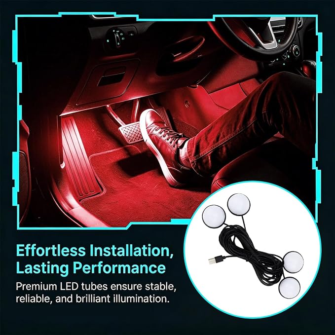 Car Interior LED Light, 4-in-1 USB Port Vehicle Under Dash Ambient Neon Lighting Decoration, Automotive Inside Foot Well Atmosphere Lamp, Universal Fit (Red) - Image 6