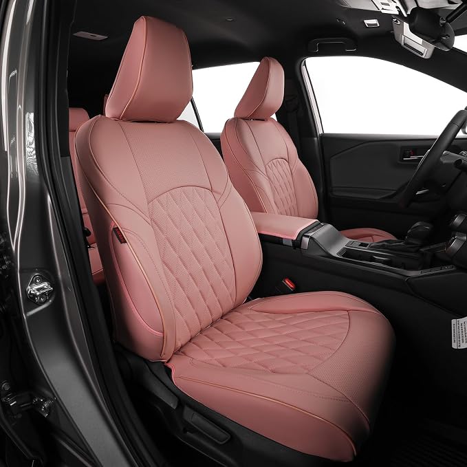EKR Rav4 Seat Covers Custom Fit for Toyota Rav4 2021-2024 Prime SE,XSE & 2019-2025 Hybrid/PHEV SE,XSE, Leather Pink Seat Cover Full Set for Women,Faux Leather(Pink) by EKR