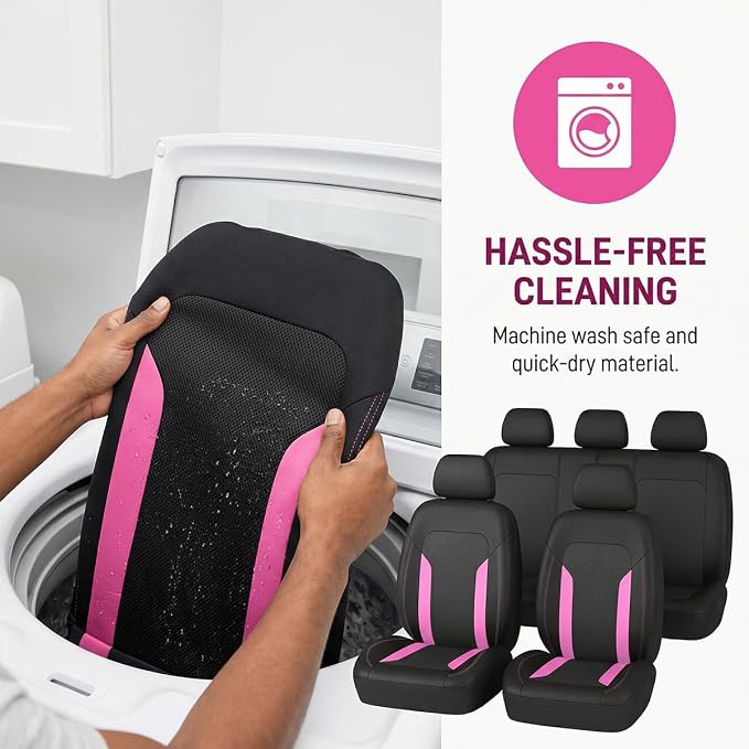 Car Seat Cover Full Set, Breathable Split Anti-Slip Vehicle Front Rear Seat Protector with Removable Headrest Guard, Automotive Interior Chair Protective Covers, Universal Fit (Pink) - Image 5