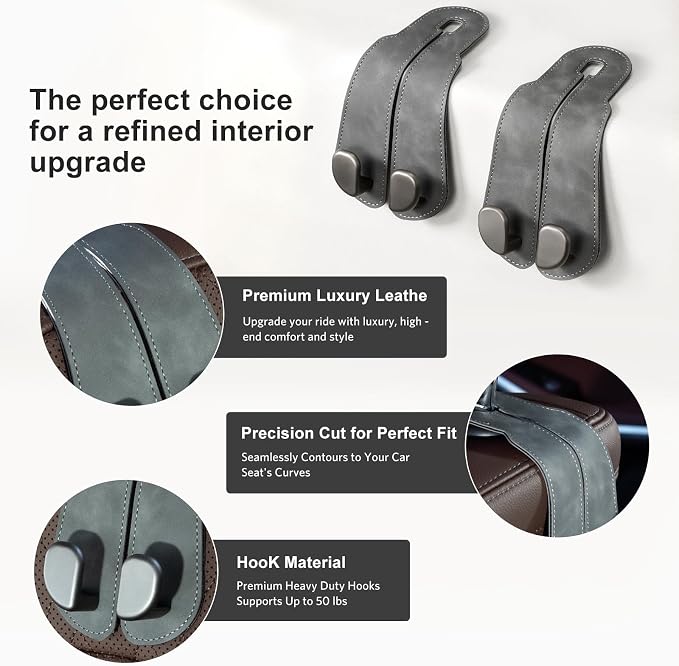 CoBak Purse Hook for Car - Universal Premium Stitched Leather and Aluminum-Magnesium Alloy Double Car Seat Back Storage Hook for Purses, Handbags, Bags (4 Pack),Gray - Image 2