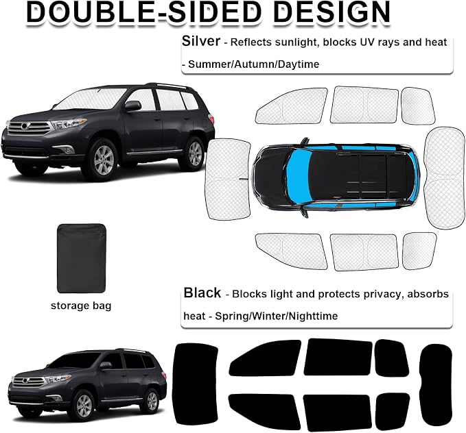 KMF 8pcs Thicken Car Sun Shades for Toyota Highlander 2008-2013 Accessories, Custom Fit Window Covers Sunshade for Windshield Side Rear, UV Block and Blackout Privacy for Car Camping Outdoor - Image 3