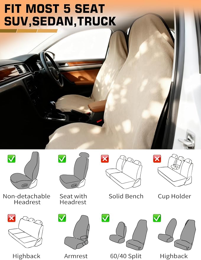 Towel Car Seat Covers for Sweat Protection, GRS Certified Recycled Microfiber Absorbent Front Seat Protector, Non-Slip Washable Universal Fit for Sedans SUV Minivans(2 Pack,Beige) - Image 5