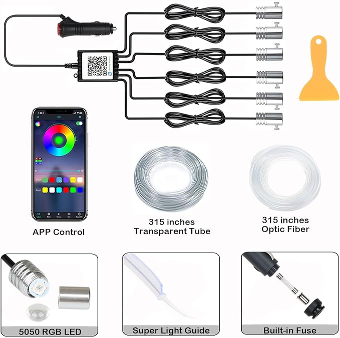 DEHERANE RGB Interior Car LED Strip Lights, APP Control | 6 in 1 Car Ambient Lighting Kit with 315 inches Fiber Optic, 16 Million Colors Car LED Lights, Sync to Music - Image 4