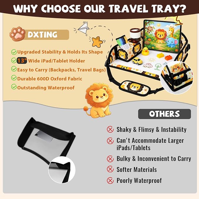 Kids Travel Tray for Car Seat, Toddler Car Seat Activity Tray, Kids Carseat Lap Table, Road Trip Essentials for Airplane, Lap Desk for Kid Roadtrip Activities, Lion - Image 4