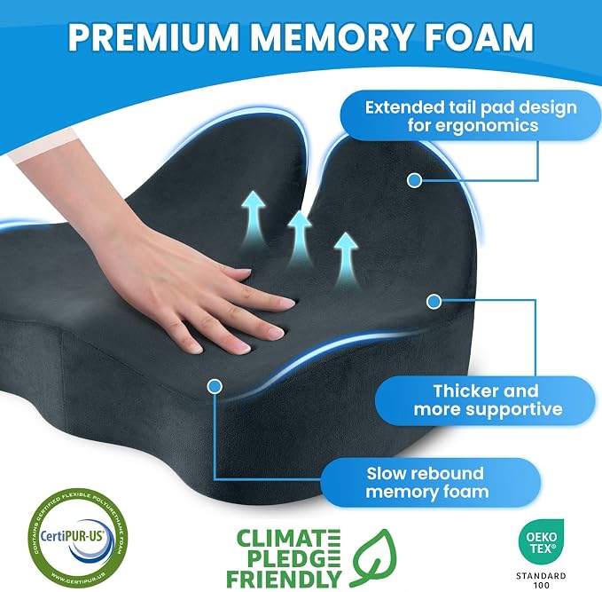 CushZone Ergonomic Seat Cushion, Sciatica Support for Chair, Blue Grey | Large Size for Sciatica & Hip & Tailbone Pain Relief, Memory Foam Office Chair Cushion for Car, Long Trip, Desk Chair, Lab - Image 3