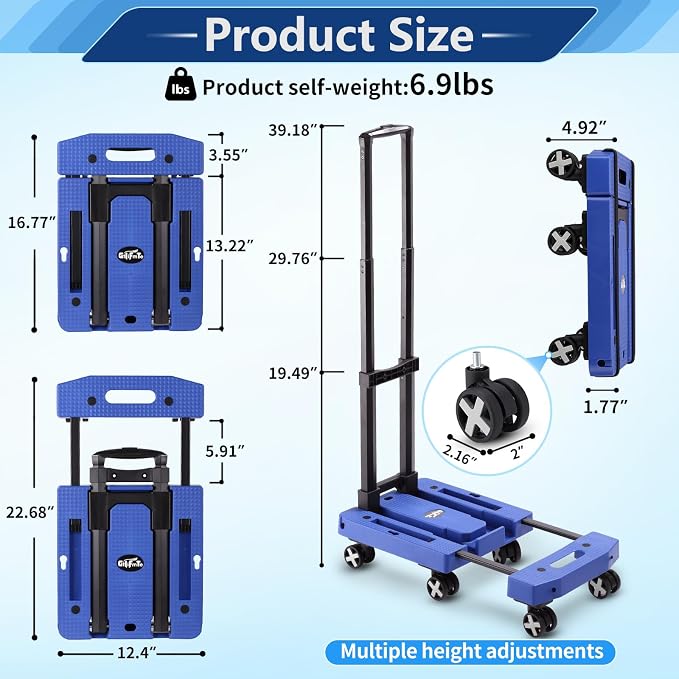 GtIiFmTe Foldable Hand Truck, Lightweight Luggage Cart for Airport Car Seat | Compact Folding dolly with Rotating swivel wheel,storage size12×15.7×4.1",300lbs Load,Upright Lock Handle with 3bungee cords - Image 2