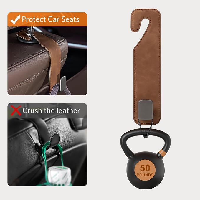 CoBak Headrest Hooks for Car - Universal Premium Stitched Leather and Aluminum-Magnesium Alloy Single Car Seat Back Storage Hook for Purses, Handbags, Bags (2 Pack),Brown - Image 4