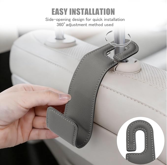 2-Pack Car Headrest Hooks, 1.1-Inch Wide Purse Hangers, Grey | Microfiber leather hooks with built-in metal cores keep purses, groceries and backpacks organized and within reach - Image 4