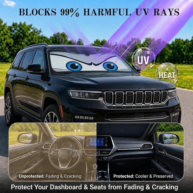 Car Windshield Sun Shade, Universal Fit Midsized Sedan SUV, Cool Gray | 61 x 31.5" Windshield Cover, Foldable Front Window Sunshade, UV Heat Protection, Cute Eyes Series - Image 3