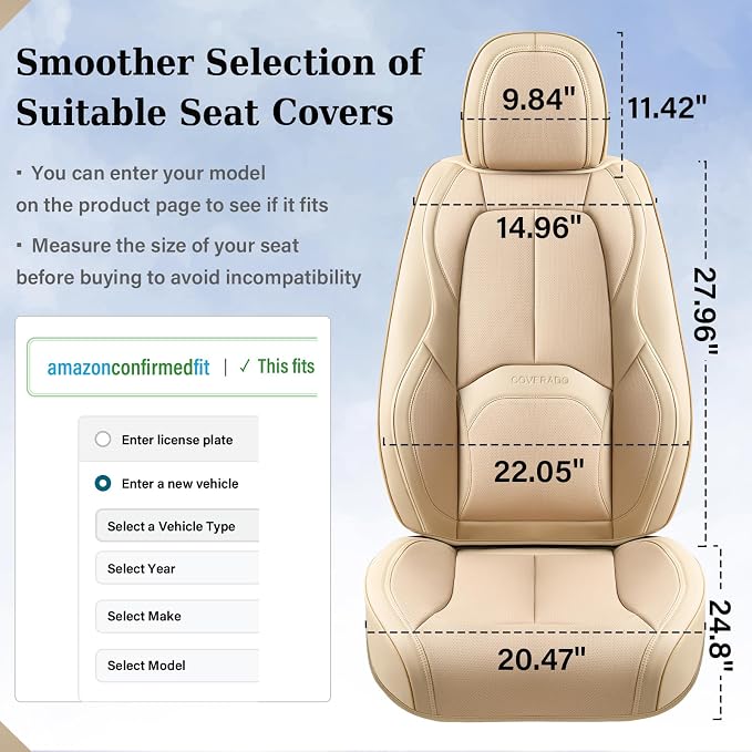 Coverado Car Seat Covers Full Set, Premium Nappa Leather Seat Covers for Car, Waterproof Car Seat Protector with Lumbar Support, Automotive Seat Covers Universal Fit for Most Cars SUV Truck(Beige) - Image 6
