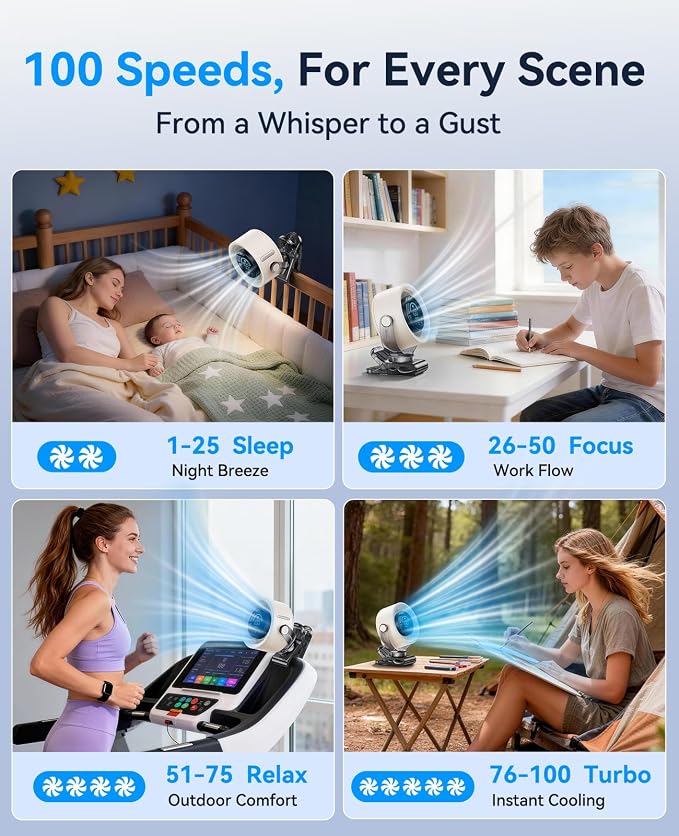 KIMMOO 4000mAh Rechargeable Portable Clip on Fan-100-Speed Touch Control, LED Display, 360° Rotate Quiet Turbo Desk Fan, Small Battery Operated USB Fan for Stroller Bed Travel Camping Golf Gym (White) - Image 3