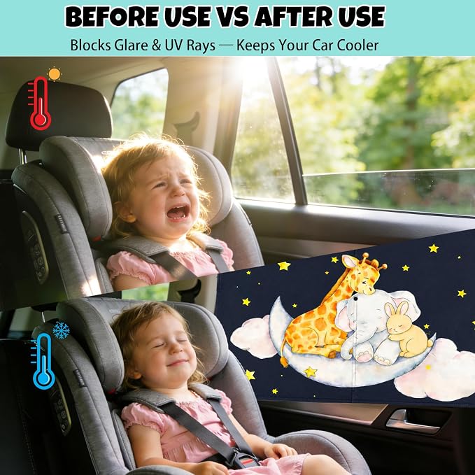 Car Window Shade for Baby, 2 Pack Magnetic Double Layer Car Sun Shade for Blackout/See Through Options, Woodland Starry Night Animals Design Baby Car Shade for Kids Heat/UV Protection - Image 7