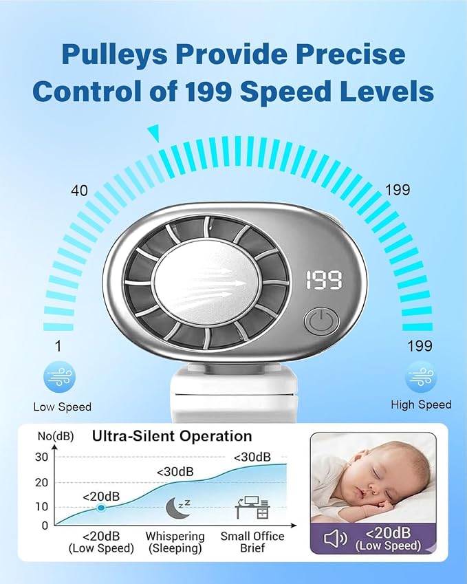 2026 Car Clip on Air Conditioner Fan with LED Display Portable Mini Cooling System 360° Rotation Adjustable 200 Speeds Rechargeable Handheld Gadget 16℃ Semi Wide Clamp for Vehicle Shirt Waist(White) - Image 5