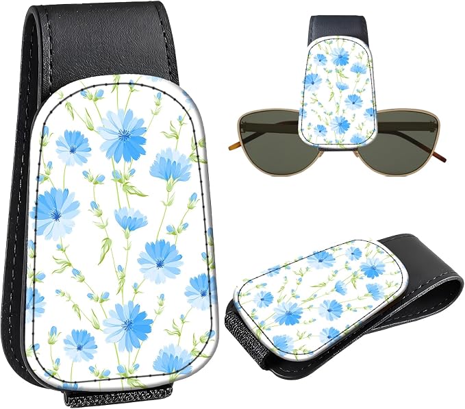 Leather Magnetic Sunglass Holder for Car Sun Visor, Cute Eyeglass Ticket Card Hanger Clip, Universal Auto Interior Accessories for SUV Pickup Truck, Blue Floral by Unknown