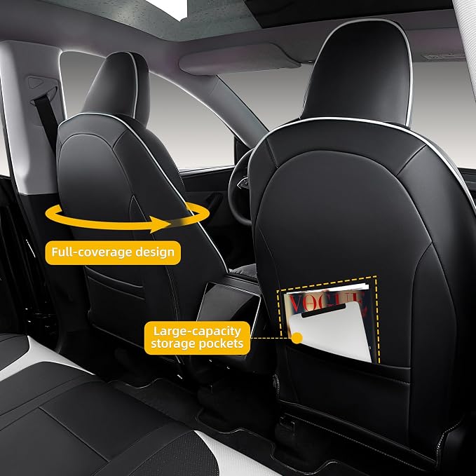 Custom Seat Covers for 2025 2026 Tesla Model Y Juniper 5-Seater Black+White | Waterproof Breathable Nappa Leather, OEM Factory Style Full Set, Full Coverage Design with Armrest Covers, Airbag Compatible - Image 7