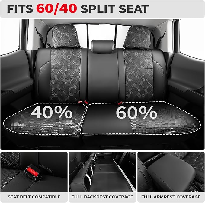 Custom Fit Car Seat Covers for Tacoma 2024-2026 4th Gen, Black Camo | Waterproof Leather Car Seat Covers Full Set, Full Coverage Protection, Airbag Safe, Factory Style Upgrade, Gas Only - Image 2
