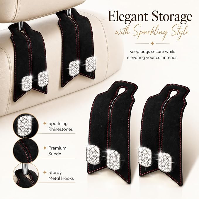 2 Pack Bling Car Headrest Hooks, Purse Hangers, Crystal Black | Sparkling rhinestones, premium leather, and dual metal hooks add style while holding purses, bags, coats, and groceries. - Image 8