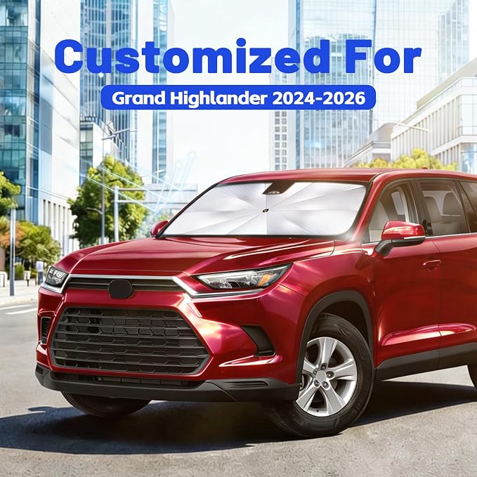 Windshield Sun Shade Umbrella for Toyota Grand Highlander 2024-2026 | [Reflective Coated Fabric] Car Shades Sun Visor Keep Car Cool and Protects Interior, 1:1 Exact Fit - Image 2