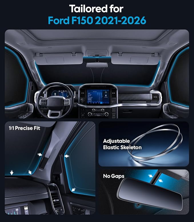 Wigoo 2026 6PC Full Set Window Sunshade for Ford F150 4Doors 2021-2026 | 7-Layer Cooler & Blacker, Ice-Crystal Tech, Full Set Shades With Windshield for Sun Block, Camping Accessories - Image 5