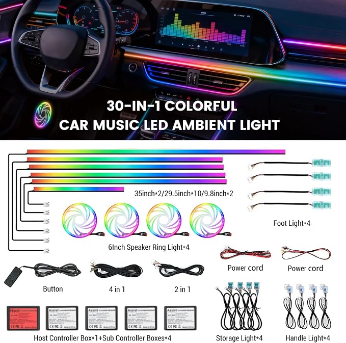 Dream Color Acrylic Interior Car Ambient Light Kit, Bphuny 30 in 1 593 LEDs Fiber Optic Multiple Modes Decoration Atmosphere Lights with Music Dynamic Rainbow Rhythm, RGB Neon Lights for All Cars - Image 8