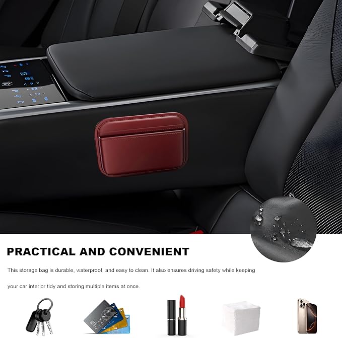 Car Seat Side Pocket Organizer, Mini Leather Auto Door Storage Bag Console Side Organizer, Multifunctional Seat Gap Pocket Storage Pouch for Phone Pen Key Sunglass (Wine Red) - Image 5