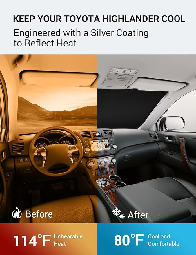 Proadsy Custom Fit Car Windshield Sun Shade for 2008-2013 Toyota Highlander | 240T Heat Shield, Drops Temp 54°F, Blocks 99% UV, Prevents Dashboard Cracking, Summer Parking & Beach Trips, Easy Twist-Fold - Image 3