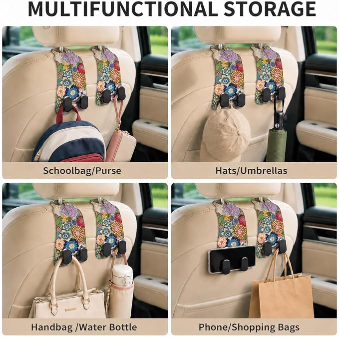 Cute Boho Floral Car Seat Back Storage Headrest Hooks for Purses & Bags – 2PCS PU Leather Dual Metal Hooks, Backseat Organizer Accessories - Image 6