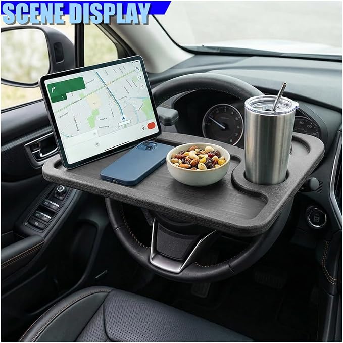 Car Steering Wheel Desk, 2 in 1 Multipurpose Auto Steering Wheel Tray with Drink Holder and Pen Slot, Portable Vehicle Computer Office Table Travel Accessories for Laptop, Food (Black) - Image 3