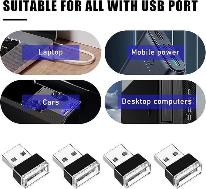 4 PCS USB LED Car Interior Atmosphere Lamp, Portable Mini LED Night Light, Plug-in USB Interface Trunk Ambient Lighting Kit, Universal Interior Car Accessories (Red) - Image 3