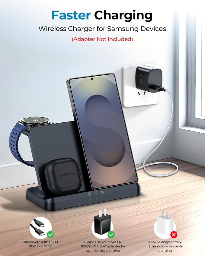 3 in 1 Wireless Charger Station for Galaxy S26 Ultra S25 S24, Foldable | Fast Charging for Z Fold Flip 7/6, Detachable Watch Charger for Galaxy Ultra 8/7/6, Compact & Portable, No Adapter, Black - Image 7