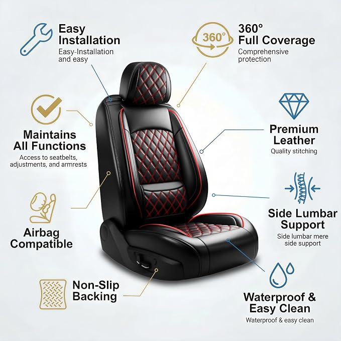 For Subaru Ascent 2019-2025 2026 Car Seat Covers, Front Pair, Redline | Luxury Full Coverage Leather Seat Protectors, Waterproof Breathable, Non-Slip, Easy to Install, Airbag Compatible, All-Season - Image 8