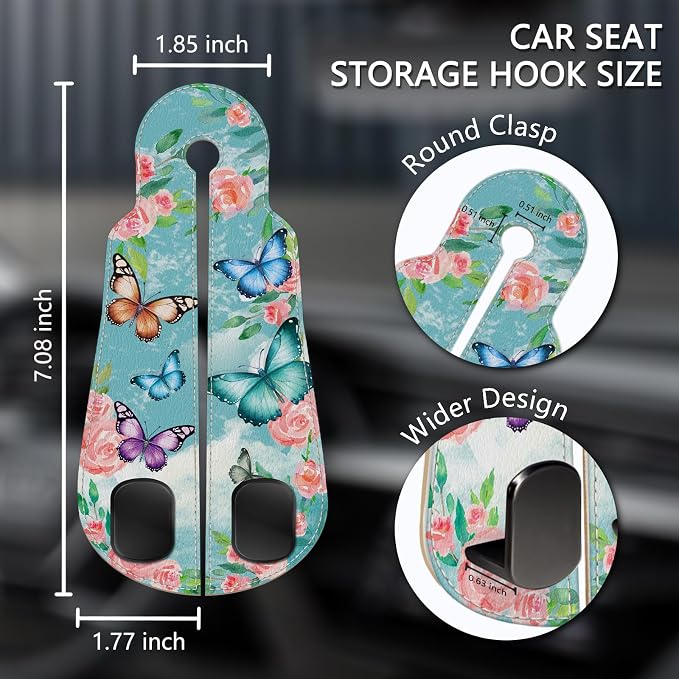 Blusabaca 2PCS Car Seat Headrest Hooks, Purses Bags Holder, Butterfly | PU Leather, Double Metal Back Storage Hangers for Grocery Bags Handbags Bottles Coats Phones, Car Accessories Organization - Image 5