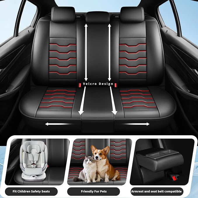 Fit Rogue Car Seat Covers Compatible with Nissan Rogue 2014-2026 - Full Set Premium Leather Waterproof Breathable，All-Weather Seat Cushion Protecto & Airbag Compatible （Full Set,Red Line Black - Image 3