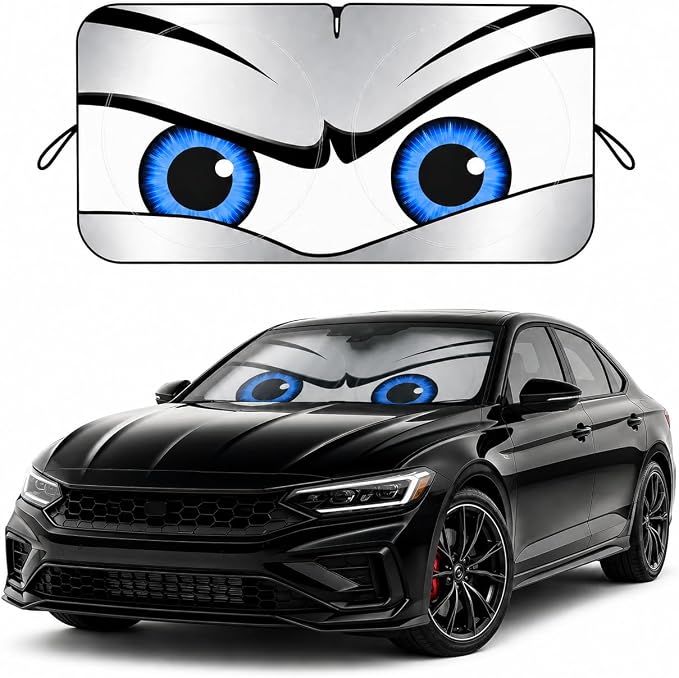 Car Windshield Sun Shade, Universal Fit Compact Sedan SUV, Sport Silver | 57 x 29.5" Car Sun Visor, Foldable Front Window Sunshade, UV Heat Protection, Cute Eyes Series by eygeufg