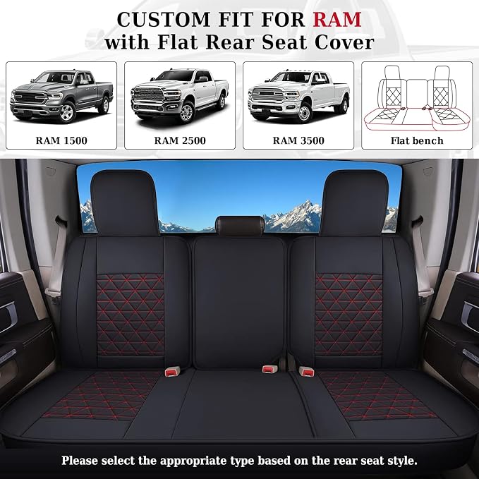 Coverado Seat Covers Full Set, Waterproof RAM 1500 Seat Cover Compatible with 2002-2026 Dodge RAM 1500 2500 3500 Truck Pickup Crew Double Mega Quad Cab with Flat Bench, Red - Image 4