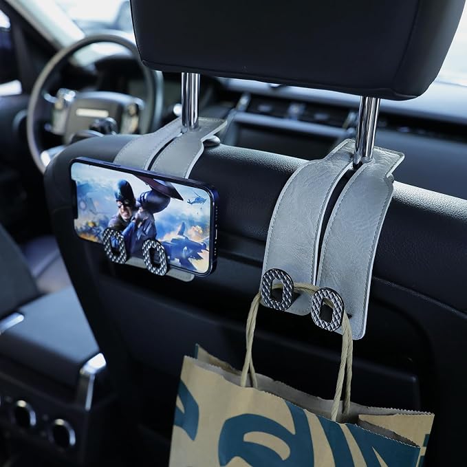 Car Headrest Hooks Universal Car Purse Hook Premium Leather and Alloy Twin Hook Car Seat Back Storage Hanger Hook for Purse Bags Cloth Drink Durable Holder Car Accessories (BH09-Grey-Black-4 Pack) - Image 8