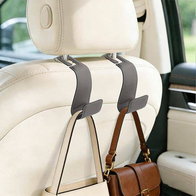 2-Pack Car Headrest Hooks, 1.1-Inch Wide Purse Hangers, Grey | Microfiber leather hooks with built-in metal cores keep purses, groceries and backpacks organized and within reach by Unknown