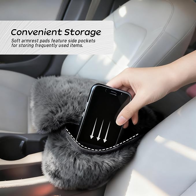 Fluffy Car Armrest Cover with Side Pockets – Plush Fuzzy Fur Center Console Armrest Cushion Pad, Universal Winter Car Interior Protector, Soft Arm Rest Cover with Storage for Women & Men (GRAY) - Image 4