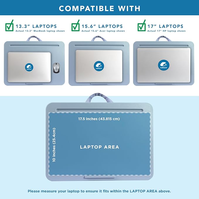 LAPGEAR The Original Lap Desk – Sky Blue, Fits 17" Laptops | Microbead Cushion, Device Ledge, Built-In Pencil Tray, Carry Handle - Image 3