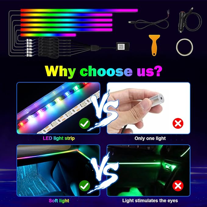 Dreamcolor 6 in 1 Car LED Strip Lights with APP Control and 213 Color Modes, Neon Ambient Lighting Kits - Image 2