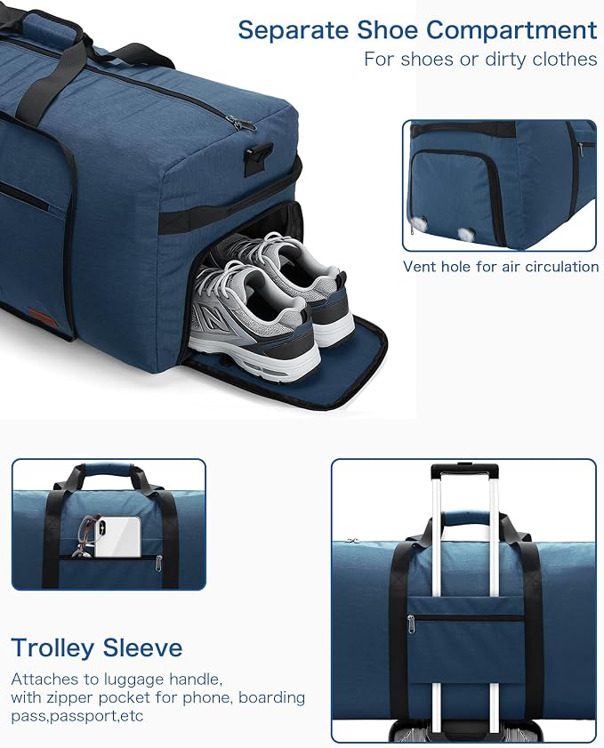 120L Foldable Waterproof Travel Duffel Bag for Men and Women with Shoe Compartment (Dark Blue, EXTRA LARGE, 120L) - Image 4