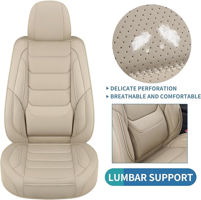 Leather Car Seat Covers Full Set Automotive Seat Protectors | Breathable Waterproof Durable Full Surround & Lumbar Support Design Non-Slip Universal Fit for Most Cars SUV Trucks Van Beige - Image 9