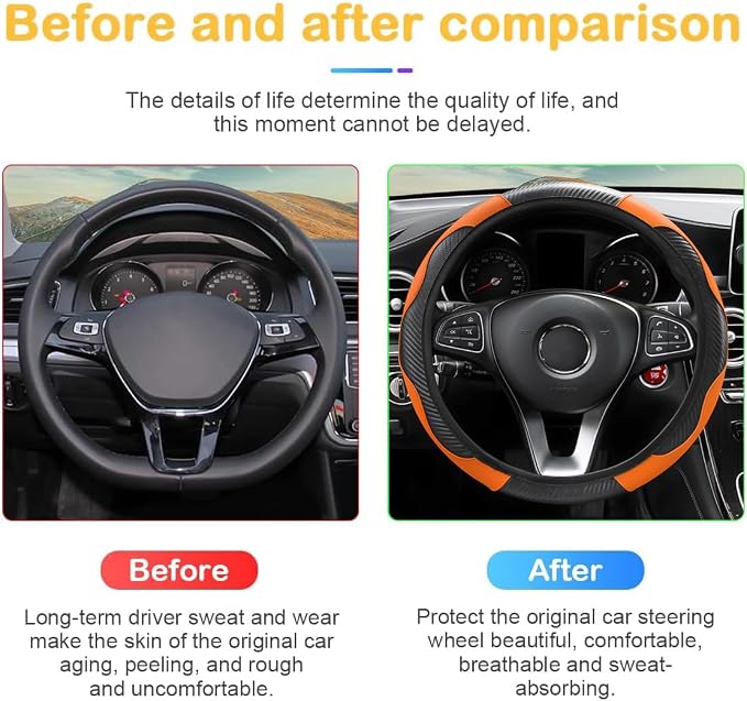 Osilly 15 Inch Carbon Fiber PU Leather Steering Wheel Cover, Black/Orange | full-wrap protective surface, flexible ringless design, hand-stretch setup, fits matching rim sizes, automotive accessories - Image 3