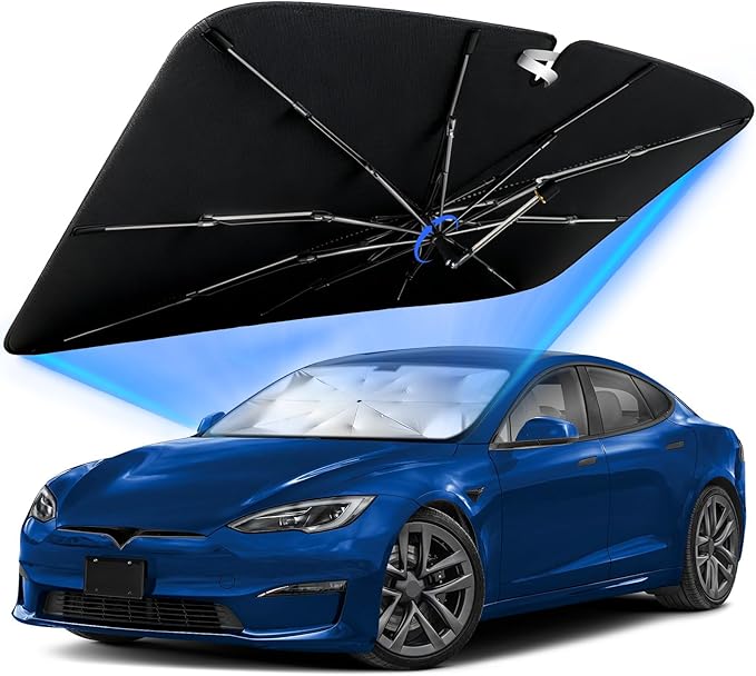Windshield Sun Shade for Tesla Model S 2012-2026 with 360° Rotating Shaft | Custom Fit Umbrella Sunshade for UV Blocking, Interior Heat Protection, Easy Storage, UPF 50+ Cool Windshield Cover by Lonyaqui
