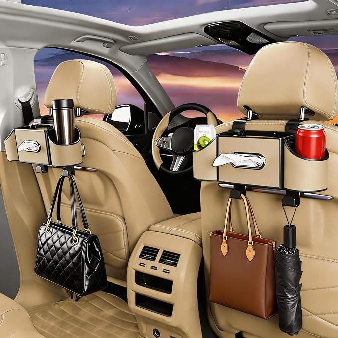 Back Seat Car Organizer,4 in 1 Multifunctional Car Back Seat Storage Box with Drink Cup Holder Tissue Box, for Hold Phone,Snacks, Drinks, Handbag-Meter - Image 3