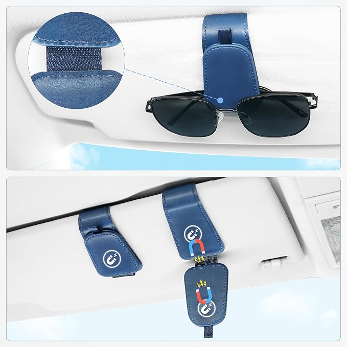 SINGARO 2 Pack Sunglass Holder for Car Visor Sunglasses Holder Clip, Universal Non-Slip Magnetic Leather Glasses Eyeglasses Hanger Mounter, Truck Interior Car Visor Accessories for Woman Man, Blue - Image 5