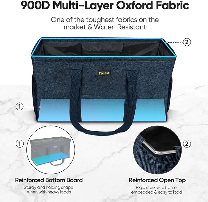 BALEINE Extra Large Utility Tote Bag with Reinforced Wire Frame, Reusable Grocery Bag for Shopping, Picnic (Blue, 22''x12''x10'') - Image 3